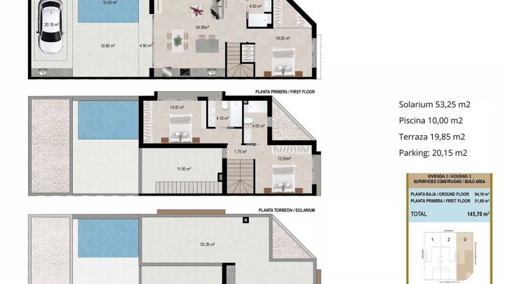 Reihenhäuser mit 3 Schlafzimmern, 3 Bädern, Dachterrasse und Privatpool