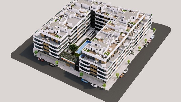 Appartements mit 2 Schlafzimmern, 2 Bädern, Vorinstallation Klimaanlage und Gemeinschaftspool nur 1 km vom Strand