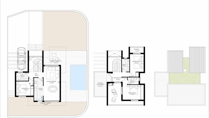 Villen mit 3 Schlafzimmern, 3 Bädern, Klimaanlage, Einbauküchen mit Elektrogeräten, Meerblick, Privatpool und Kfz-Stellplatz