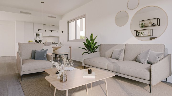 Appartements mit 2 Schlafzimmern, 2 Bädern, Fußbodenheizung in Bädern, Klimaanlage und Gemeinschaftspool nur 300 m vom Strand