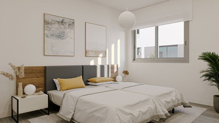 Maisonette-Wohnungen mit 3 Schlafzimmern, 2 Bädern, Gäste-WC, Fußbodenheizung in Bädern, Klimaanlage und Gemeinschaftspool nur 300 m vom Strand