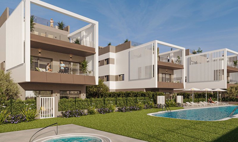 Maisonette-Wohnungen mit 3 Schlafzimmern, 2 Bädern, Gäste-WC, Fußbodenheizung in Bädern, Klimaanlage und Gemeinschaftspool nur 300 m vom Strand