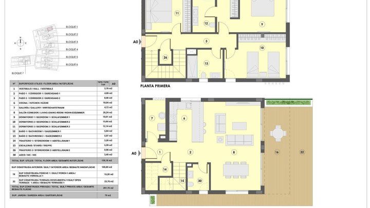 Maisonette-Wohnungen mit 3 Schlafzimmern, 2 Bädern, Gäste-WC, Fußbodenheizung in Bädern, Klimaanlage und Gemeinschaftspool nur 300 m vom Strand