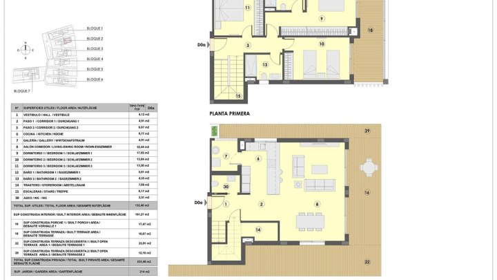 Maisonette-Wohnungen mit 3 Schlafzimmern, 2 Bädern, Gäste-WC, Fußbodenheizung in Bädern, Klimaanlage und Gemeinschaftspool nur 300 m vom Strand