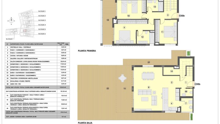 Maisonette-Wohnungen mit 3 Schlafzimmern, 2 Bädern, Gäste-WC, Fußbodenheizung in Bädern, Klimaanlage und Gemeinschaftspool nur 300 m vom Strand