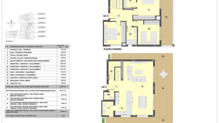 Maisonette-Wohnungen mit 3 Schlafzimmern, 2 Bädern, Gäste-WC, Fußbodenheizung in Bädern, Klimaanlage und Gemeinschaftspool nur 300 m vom Strand