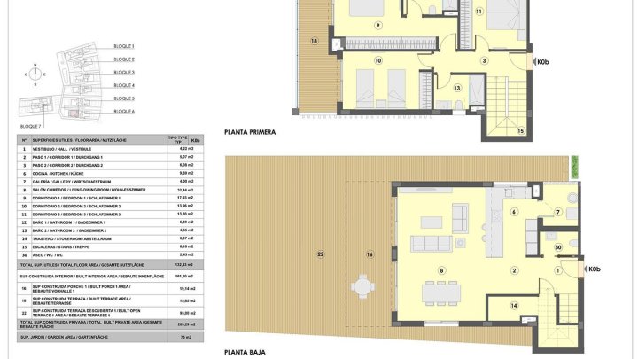 Maisonette-Wohnungen mit 3 Schlafzimmern, 2 Bädern, Gäste-WC, Fußbodenheizung in Bädern, Klimaanlage und Gemeinschaftspool nur 300 m vom Strand