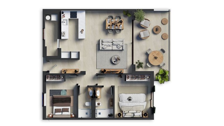Penthouse-Wohnungen mit 2 Schlafzimmern, 2 Bädern, Dachterrasse, Klimaanlage, Gemeinschaftspool, Tiefgaragenstellplatz und Meerblick