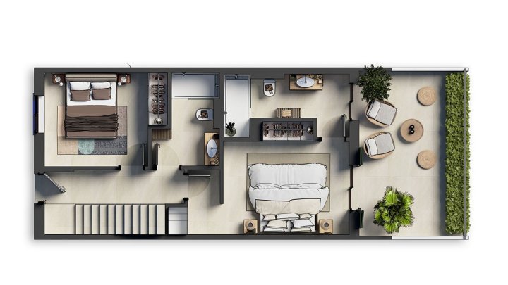 Reihenhäuser mit 2 Schlafzimmern, 2 Bädern, Klimaanlage, Gemeinschaftspool, Tiefgaragenstellplatz und Meerblick