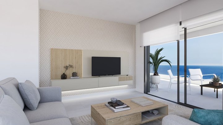 Wohnungen mit 1 Schlafzimmer, 1 Bad, Klimaanlage, Fußbodenheizung in Bädern, Kfz-Stellplatz und Meerblick in erster Linie am Strand