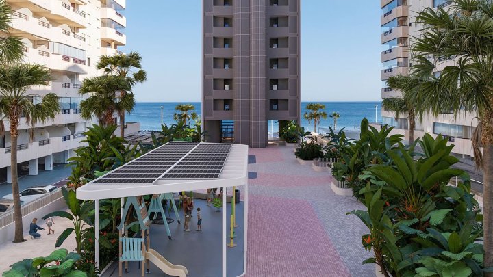 Wohnungen mit 1 Schlafzimmer, 1 Bad, Klimaanlage, Fußbodenheizung in Bädern, Kfz-Stellplatz und Meerblick in erster Linie am Strand