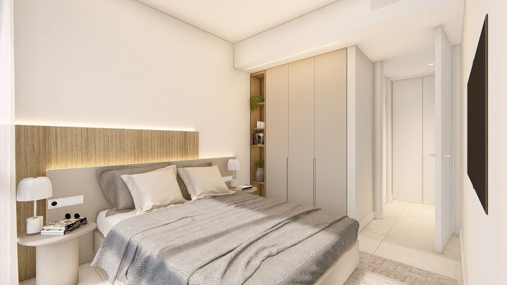 Erdgeschoss-Wohnungen mit 2 Schlafzimmern, 2 Bädern, Klimaanlage, Einbauküchen mit Elektrogeräten, Kfz-Stellplatz und Gemeinschaftspool