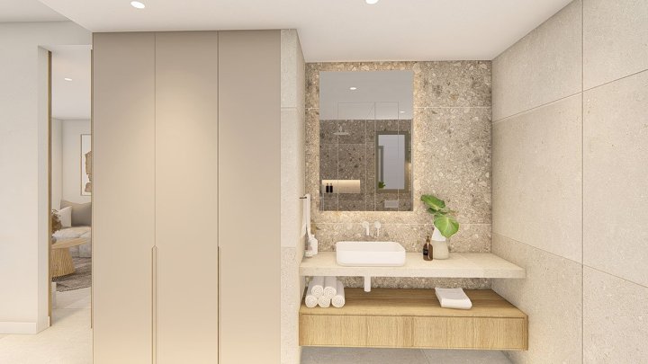Obergeschoss-Wohnungen mit 2 Schlafzimmern, 2 Bädern, Dachterrasse, Klimaanlage, Einbauküchen mit Elektrogeräten, Kfz-Stellplatz und Gemeinschaftspool