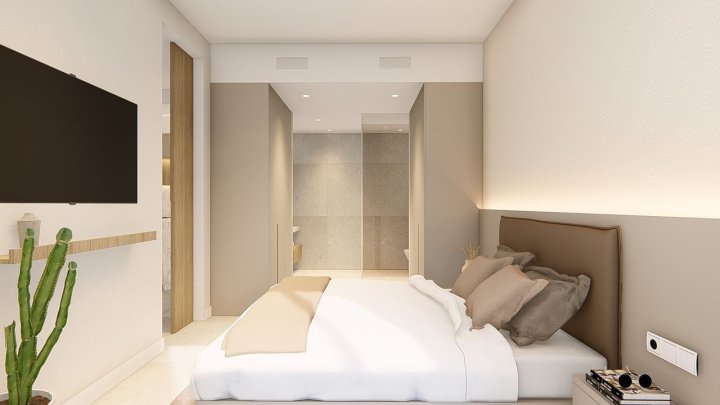 Obergeschoss-Wohnungen mit 2 Schlafzimmern, 2 Bädern, Dachterrasse, Klimaanlage, Einbauküchen mit Elektrogeräten, Kfz-Stellplatz und Gemeinschaftspool