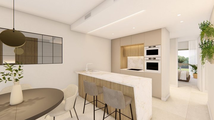 Obergeschoss-Wohnungen mit 2 Schlafzimmern, 2 Bädern, Dachterrasse, Klimaanlage, Einbauküchen mit Elektrogeräten, Kfz-Stellplatz und Gemeinschaftspool