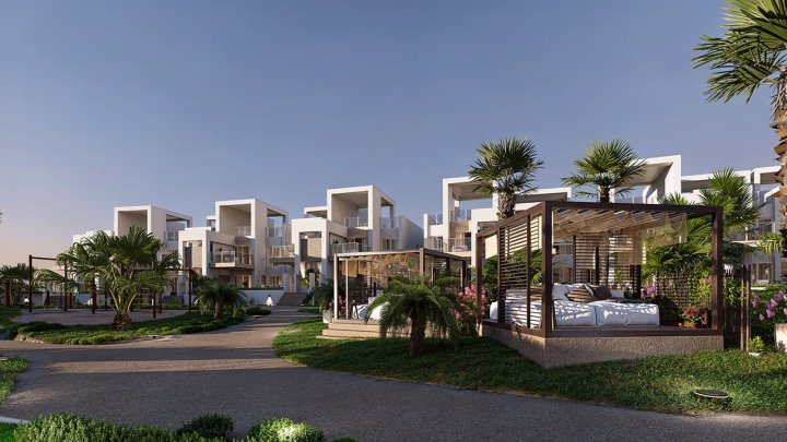 Obergeschoss-Wohnungen mit 2 Schlafzimmern, 2 Bädern, Dachterrasse, Klimaanlage, Einbauküchen mit Elektrogeräten, Kfz-Stellplatz und Gemeinschaftspool