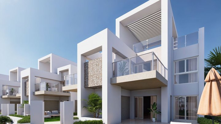 Obergeschoss-Wohnungen mit 2 Schlafzimmern, 2 Bädern, Dachterrasse, Klimaanlage, Einbauküchen mit Elektrogeräten, Kfz-Stellplatz und Gemeinschaftspool