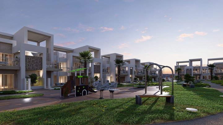 Obergeschoss-Wohnungen mit 2 Schlafzimmern, 2 Bädern, Dachterrasse, Klimaanlage, Einbauküchen mit Elektrogeräten, Kfz-Stellplatz und Gemeinschaftspool
