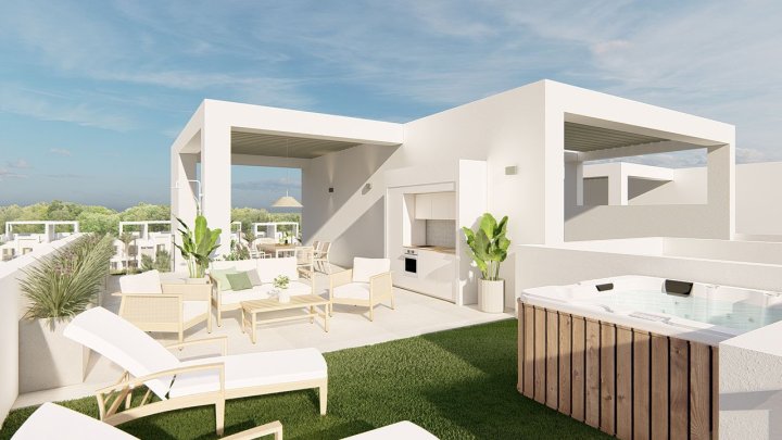 Obergeschoss-Wohnungen mit 3 Schlafzimmern, 2 Bädern, Dachterrasse, Klimaanlage, Einbauküchen mit Elektrogeräten, Kfz-Stellplatz und Gemeinschaftspool