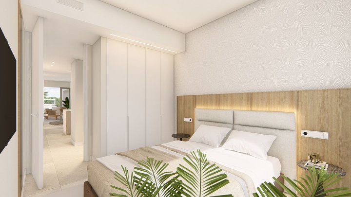 Obergeschoss-Wohnungen mit 3 Schlafzimmern, 2 Bädern, Dachterrasse, Klimaanlage, Einbauküchen mit Elektrogeräten, Kfz-Stellplatz und Gemeinschaftspool