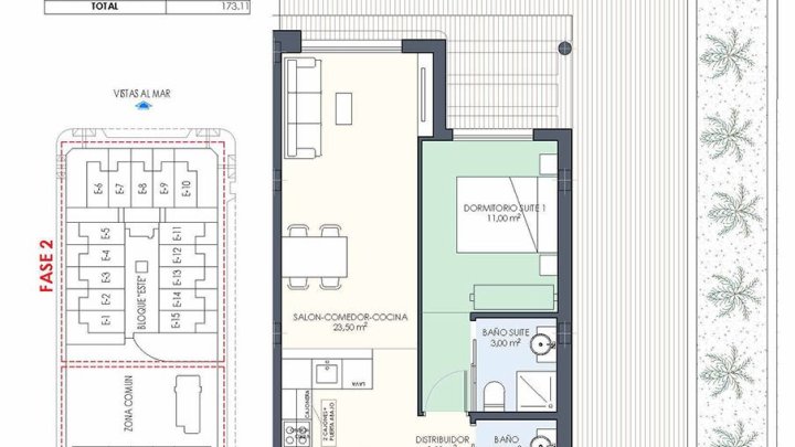 Erdgeschoss-Wohnungen mit 2 Schlafzimmern, 2 Bädern, Tiefgaragenstellplatz und Gemeinschaftspool nur 200 m vom Strand