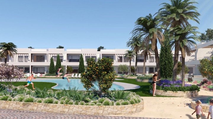 Moderne Obergeschoss-Wohnungen mit 2 Schlafzimmern, 2 Bädern, Dachterrasse, Klimaanlage, Alarmanlage und Gemeinschaftspool nur 250 m vom Meer