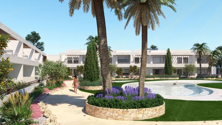 Moderne Obergeschoss-Wohnungen mit 2 Schlafzimmern, 2 Bädern, Dachterrasse, Klimaanlage, Alarmanlage und Gemeinschaftspool nur 250 m vom Meer