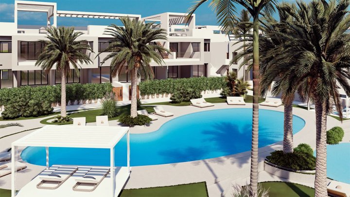 Erdgeschoss-Wohnungen mit 2 Schlafzimmern, 2 Bädern, 2 Terrassen, optionalem Tiefgaragenstellplatz und Gemeinschaftspool