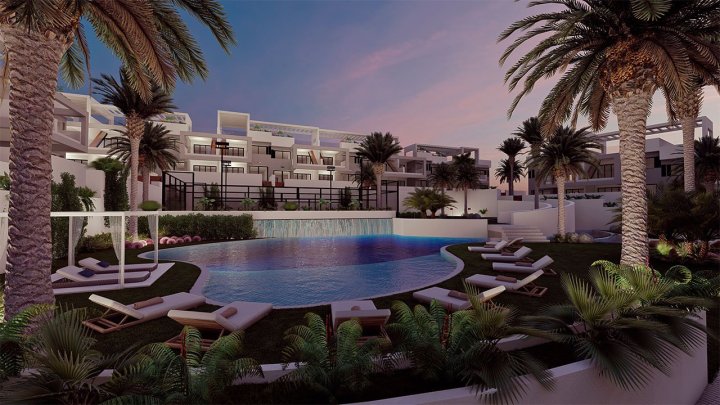 Erdgeschoss-Wohnungen mit 2 Schlafzimmern, 2 Bädern, 2 Terrassen, optionalem Tiefgaragenstellplatz und Gemeinschaftspool