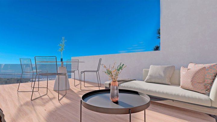 Obergeschoss-Wohnungen mit 2 Schlafzimmern, 2 Bädern, Dachterrasse, optionalem Tiefgaragenstellplatz und Gemeinschaftspool