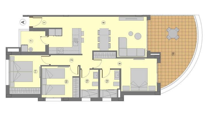 Appartements mit 3 Schlafzimmern, Fußbodenheizung in Bädern, Klimaanlage und Gemeinschaftspool nur 700 m vom Strand